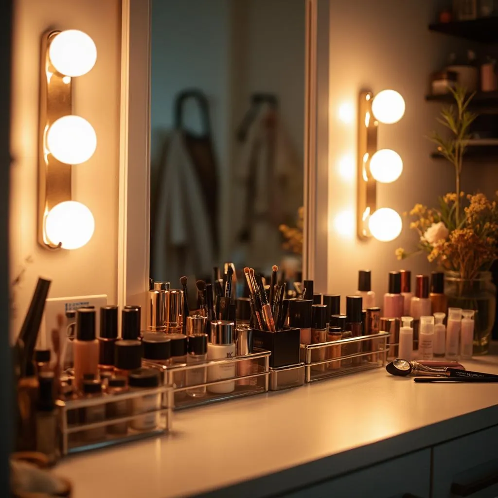 Mostrador interior moderno con productos de maquillaje